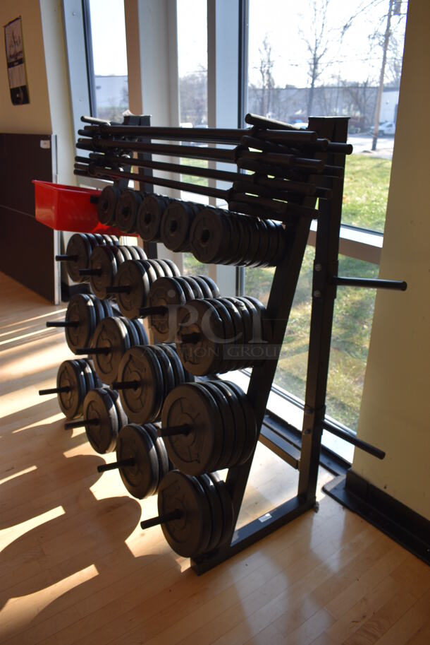 Black Metal Floor Style Weight Plate Rack. Does Not Include Contents. BUYER MUST REMOVE. 65x28x53 - Image 4 of 6