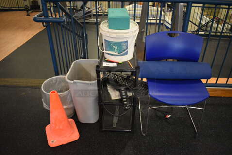 ALL ONE MONEY! Lot of Various Items Including Blue Chair, 3 Tier Black Rack and Orange Cone! (upstairs)
