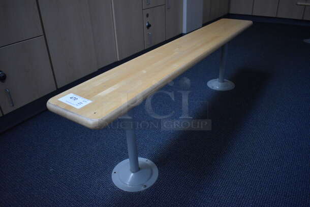 5 Wood Pattern Bench on Gray Metal Legs. BUYER MUST REMOVE. 5 Times Your Bid! (mens locker room)