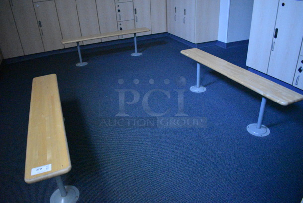 5 Wood Pattern Bench on Gray Metal Legs. BUYER MUST REMOVE. 5 Times Your Bid! (mens locker room) - Image 2 of 3