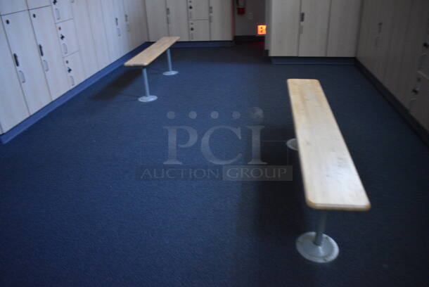 5 Wood Pattern Bench on Gray Metal Legs. BUYER MUST REMOVE. 5 Times Your Bid! (mens locker room) - Image 3 of 3