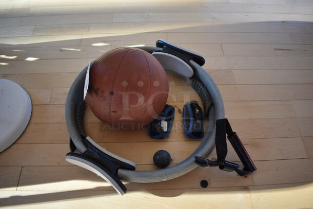 ALL ONE MONEY! Lot of Various Items Including Thigh Band and Medicine Ball! (aerobic room)