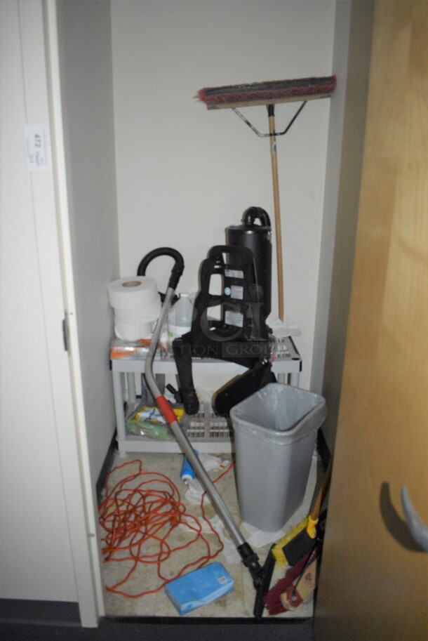 ALL ONE MONEY! Room Lot of Various Items Including Broom, Extension Cord, Backpack Vacuum and Trash Can! BUYER MUST REMOVE. (mens locker room) - Image 1 of 4