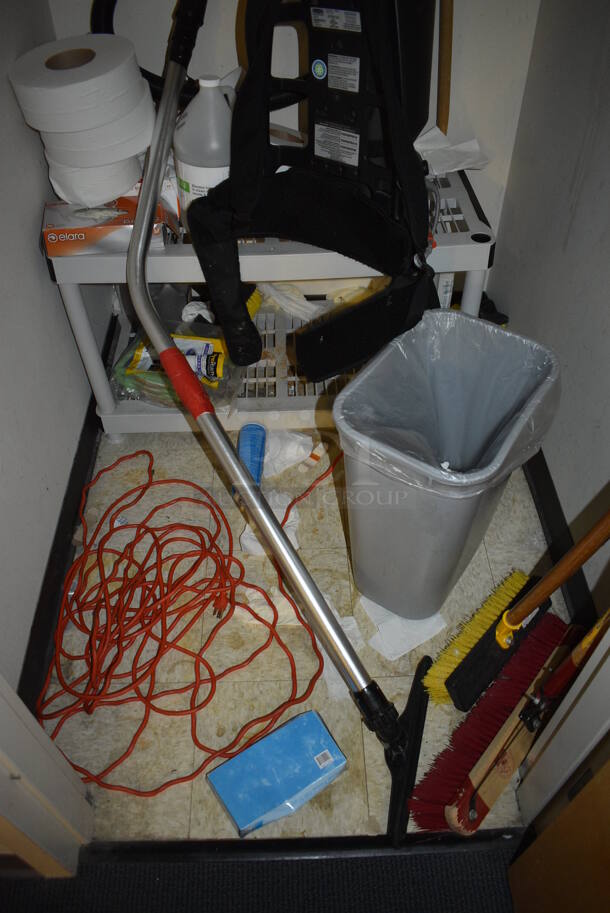 ALL ONE MONEY! Room Lot of Various Items Including Broom, Extension Cord, Backpack Vacuum and Trash Can! BUYER MUST REMOVE. (mens locker room) - Image 2 of 4