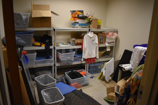 ALL ONE MONEY! Room Lot of Various Items Including Poly Shelving, Shirts and Decorations! BUYER MUST REMOVE. (mens locker room) - Image 1 of 7
