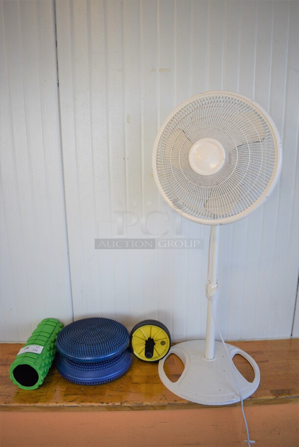 ALL ONE MONEY! Lot Includes White Fan, Roller Wheel, 2 Blue Balance Disc Pillows Pads ang Green Roller! (upstairs)