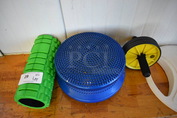 ALL ONE MONEY! Lot Includes White Fan, Roller Wheel, 2 Blue Balance Disc Pillows Pads ang Green Roller! (upstairs) - Image 3 of 8
