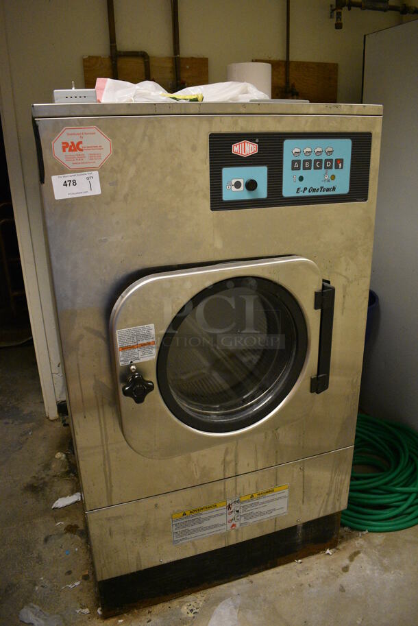 NICE! Milnor Model MWR18E4 Stainless Steel Commercial Floor Style Front Load Washer. 208-240 Volts, 1-3 Phase. BUYER MUST REMOVE. Tested and Working! (office wing - laundry room)