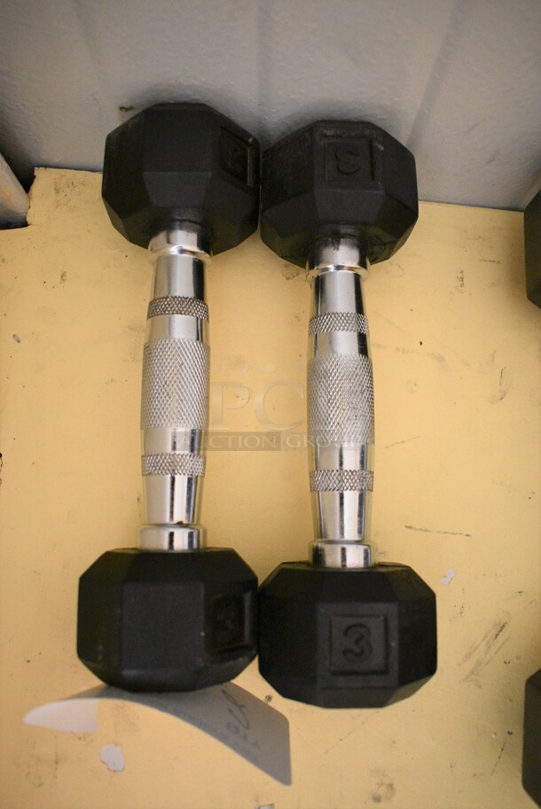 2 Power Systems Metal Black and Chrome Finish 3 Pound Hex Dumbbells. 2.5x8.5x2.5. 2 Times Your Bid! (ballet room - upstairs)