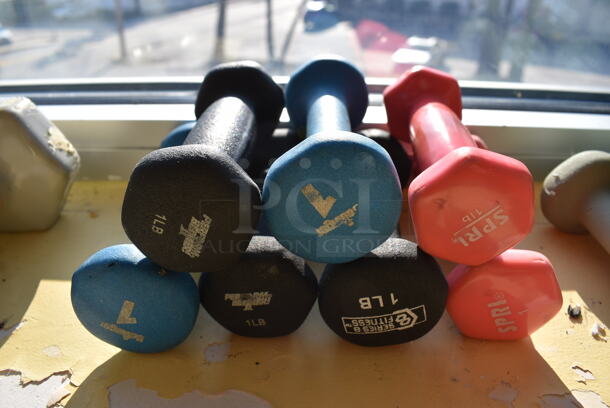 7 Various Colored Neoprene 1 Pound Hex Dumbbells. 1.5x4.5x1.5. 7 Times Your Bid! (ballet room - upstairs)