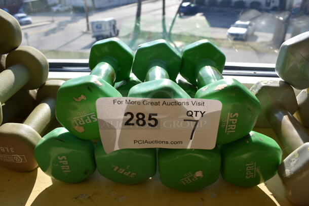 7 Spri Green Neoprene 3 Pound Hex Dumbbells. 2.5x6x2.5. 7 Times Your Bid! (ballet room - upstairs)