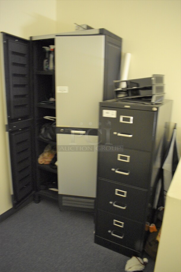 ALL ONE MONEY! Lot of Black Filing Cabinet and Gray 2 Door Cabinet w/ Contents! BUYER MUST REMOVE. (office wing - top of staircase)