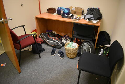 ALL ONE MONEY! Room Lot of Various Items Including Desk, 3 Chairs, Fan, Sneakers! BUYER MUST REMOVE. (office wing)