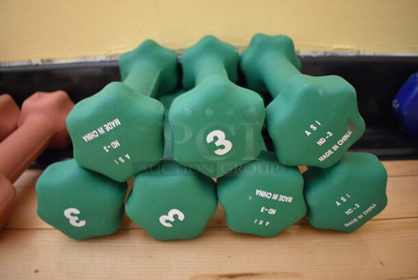 7 Green Neoprene 3 Pound Dumbbells. 2x7x2. 7 Times Your Bid! (ballet room - upstairs)