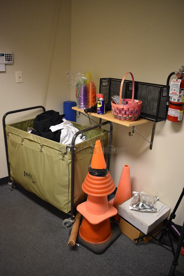 ALL ONE MONEY! Wall Lot of Various Items Including Filing Cabinet, Cone, Laundry Bin and Black Basket! BUYER MUST REMOVE. (office wing / hallway behind front counter) - Image 2 of 4