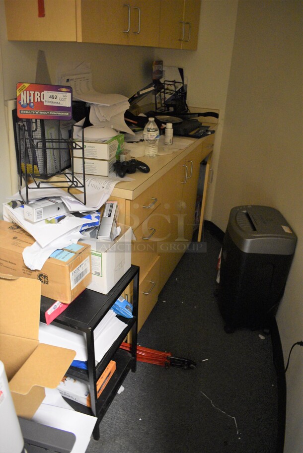 ALL ONE MONEY! Lot of Various Items Including Shredder, Baskets! BUYER MUST REMOVE. (office wing / hallway behind front counter) - Image 1 of 4