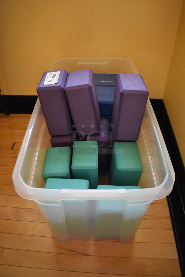 ALL ONE MONEY! Lot of 21 Various Yoga Blocks In Clear Poly Bin! Includes 9x5.5x4. (ballet room - upstairs)