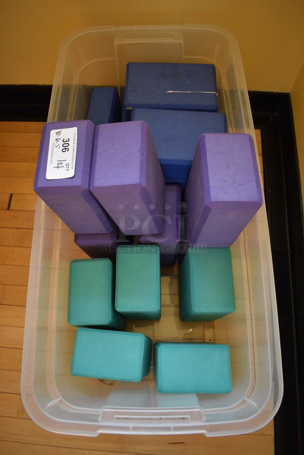 ALL ONE MONEY! Lot of 21 Various Yoga Blocks In Clear Poly Bin! Includes 9x5.5x4. (ballet room - upstairs) - Image 2 of 3