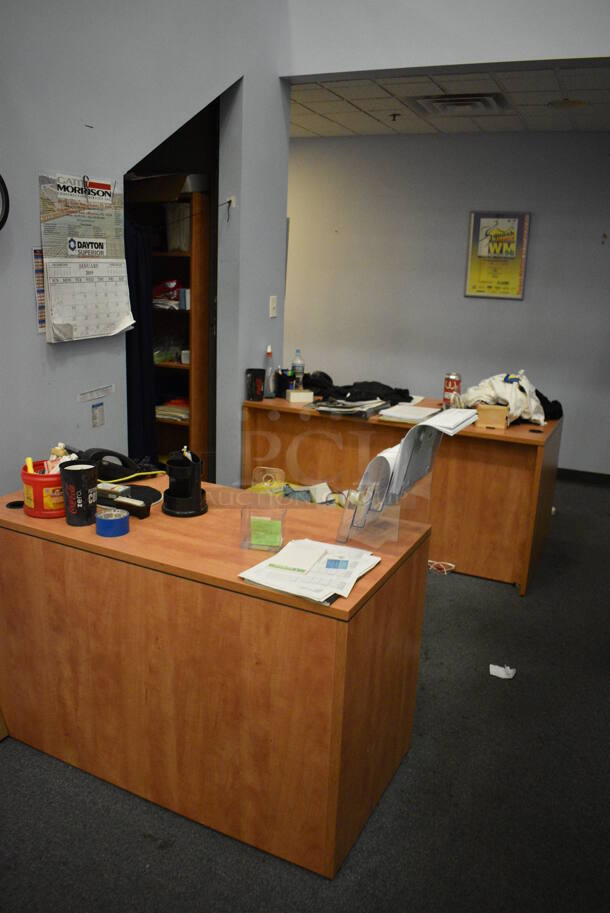 ALL ONE MONEY! Room Lot of Various Items Including 2 Desks, Tshirts and Bookshelf. BUYER MUST REMOVE. (room off of lobby) - Image 1 of 8