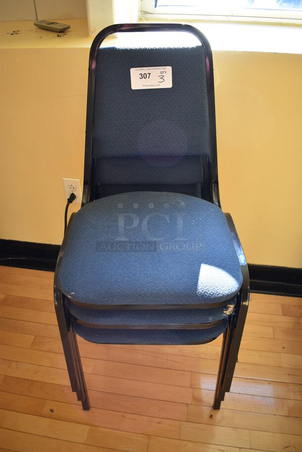 3 Blue Stackable Banquet Chairs on Black Metal Frame. 18x20x32. 3 Times Your Bid! (ballet room - upstairs)