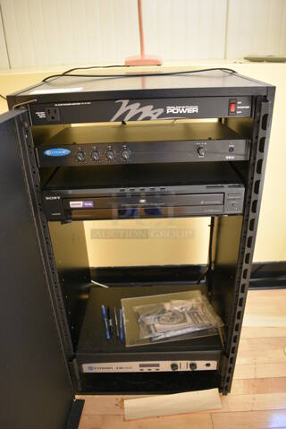 ALL ONE MONEY! Lot of Black Metal AV Cabinet w/ Middle Atlantic Power Amp, Crown  14M Rack, Sony DVP-NC85H CD/DVD Player and Crown CDi 1000 Rack. 20.5x19x36.5. (ballet room - upstairs)