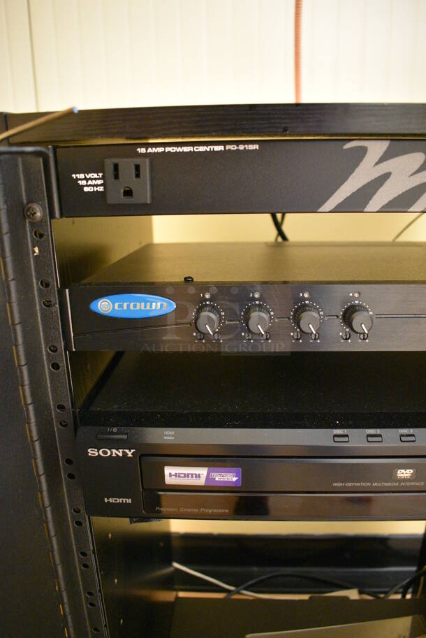 ALL ONE MONEY! Lot of Black Metal AV Cabinet w/ Middle Atlantic Power Amp, Crown  14M Rack, Sony DVP-NC85H CD/DVD Player and Crown CDi 1000 Rack. 20.5x19x36.5. (ballet room - upstairs) - Image 2 of 5