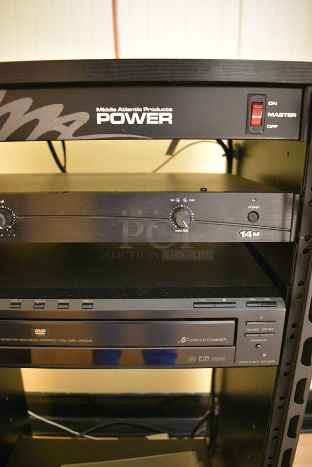 ALL ONE MONEY! Lot of Black Metal AV Cabinet w/ Middle Atlantic Power Amp, Crown  14M Rack, Sony DVP-NC85H CD/DVD Player and Crown CDi 1000 Rack. 20.5x19x36.5. (ballet room - upstairs) - Image 3 of 5