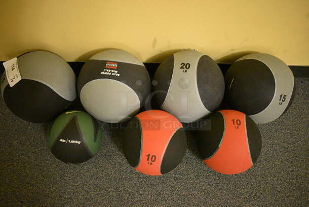 7 Various Medicine Balls; One 4 Pound, Two 10 Pound, One 15 Pound and Two 20 Pound. Includes 10x10x10. 7 Times Your Bid! (upstairs - side room)