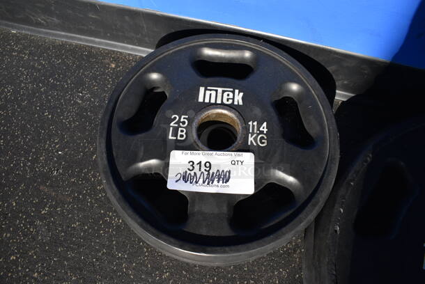 2 Intek Metal 25 Pound Weight Plates. BUYER MUST REMOVE. 12x12x2. 2 Times Your Bid! (weight room - back room)

