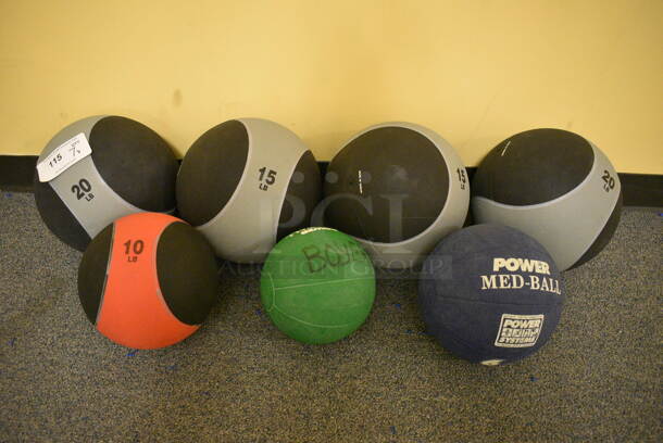 7 Various Medicine Balls; One 4 Pound, One 6 Pound, One 10 Pound, Two 15 Pound and Two 20 Pound. Includes 10x10x10. 7 Times Your Bid! (upstairs - side room)