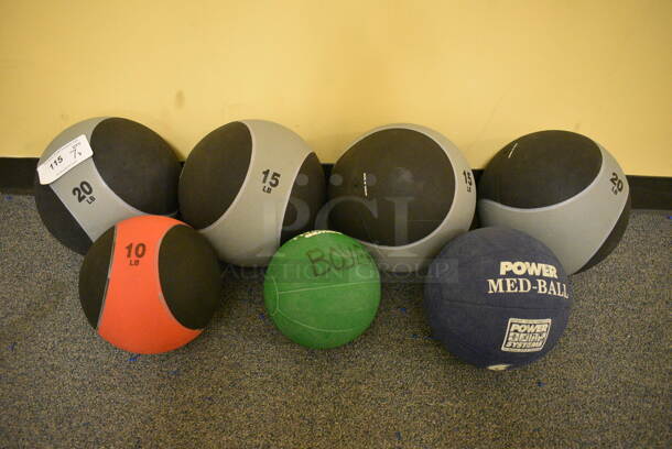 7 Various Medicine Balls; One 4 Pound, One 6 Pound, One 10 Pound, Two 15 Pound and Two 20 Pound. Includes 10x10x10. 7 Times Your Bid! (upstairs - side room) - Image 1 of 7