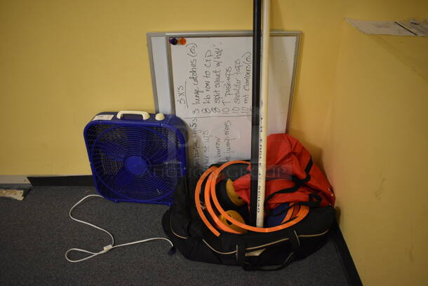 ALL ONE MONEY! Lot of Various Items Including White Boards, Blue Fan and Bag! (upstairs - side room)