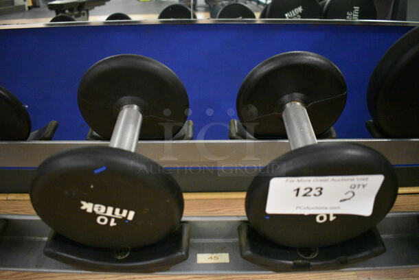 2 Intek Metal Black and Chrome Finish 10 Pound Dumbbells. 6x7.5x6. 2 Times Your Bid! (upstairs)