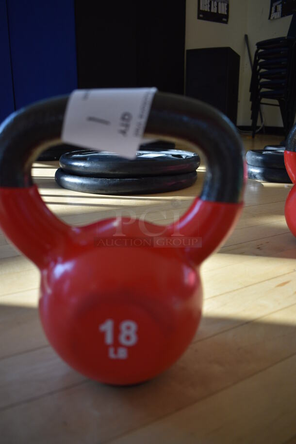 Power Systems Metal Red 18 Pound Kettlebell. 7.5x4.5x8.5. (aerobic room)
 - Image 2 of 2