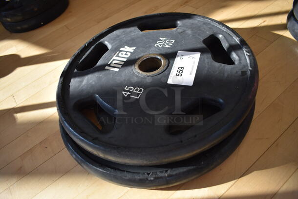 2 Intek Metal 45 Pound Weight Plates. BUYER MUST REMOVE. 2 Times Your Bid! (aerobic room)

 - Image 2 of 2