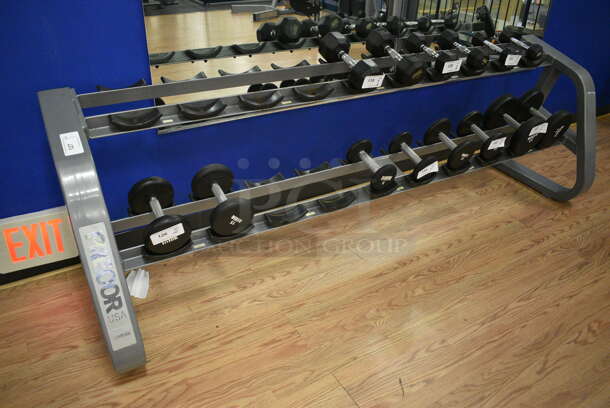 Precor Gray Metal 2 Tier Dumbbell Rack. Does Not Come w/ Dumbbells. BUYER MUST REMOVE. 97x29x32. (upstairs) - Image 1 of 4