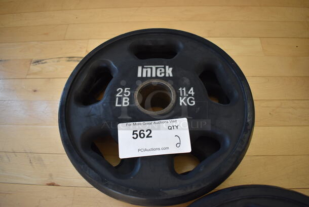 2 Intek Metal 25 Pound Weight Plates. BUYER MUST REMOVE. 2 Times Your Bid! (aerobic room)

