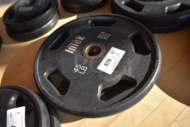 2 Intek Metal 45 Pound Weight Plates. BUYER MUST REMOVE. 2 Times Your Bid! (aerobic room)

 - Image 2 of 2