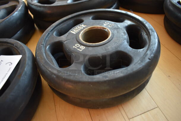 2 Intek Metal 10 Pound Weight Plates. BUYER MUST REMOVE. 2 Times Your Bid! (aerobic room)

 - Image 2 of 3
