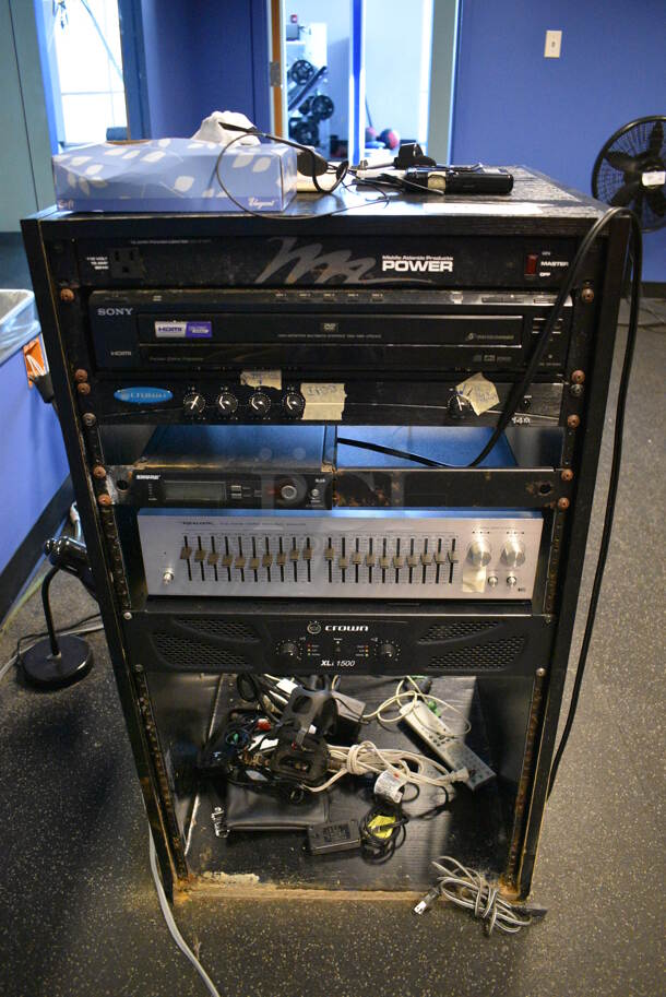 ALL ONE MONEY! Black Metal AV Cabinet w/ Middle Atlantic Amp, Sony DVD CD Changer, Crown 14M, Realistic Stereo Frequency Equalizer and Crown XLi 1500. BUYER MUST REMOVE. 20.5x18x36.5 - Image 1 of 7