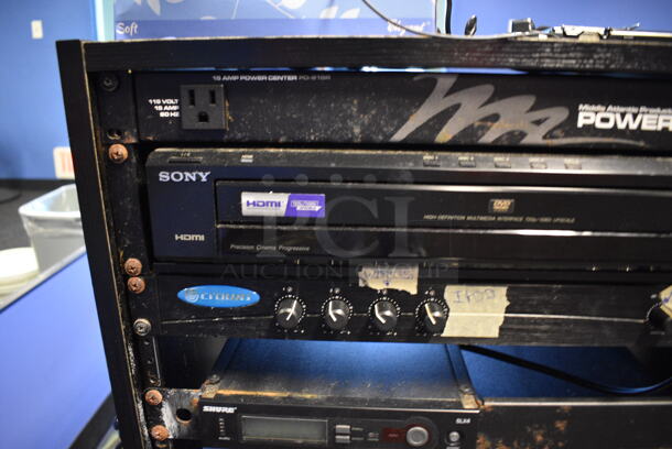 ALL ONE MONEY! Black Metal AV Cabinet w/ Middle Atlantic Amp, Sony DVD CD Changer, Crown 14M, Realistic Stereo Frequency Equalizer and Crown XLi 1500. BUYER MUST REMOVE. 20.5x18x36.5 - Image 2 of 7