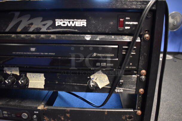 ALL ONE MONEY! Black Metal AV Cabinet w/ Middle Atlantic Amp, Sony DVD CD Changer, Crown 14M, Realistic Stereo Frequency Equalizer and Crown XLi 1500. BUYER MUST REMOVE. 20.5x18x36.5 - Image 3 of 7