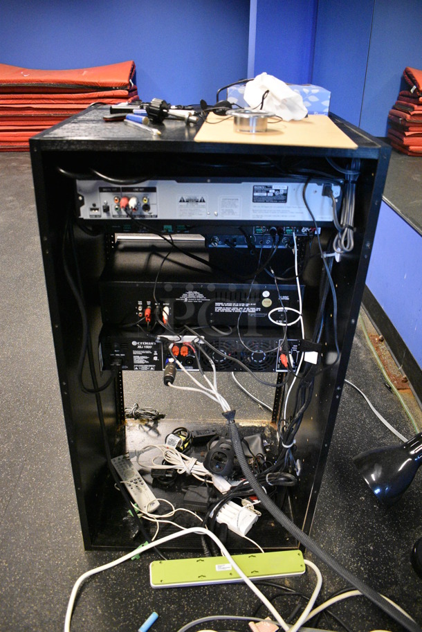 ALL ONE MONEY! Black Metal AV Cabinet w/ Middle Atlantic Amp, Sony DVD CD Changer, Crown 14M, Realistic Stereo Frequency Equalizer and Crown XLi 1500. BUYER MUST REMOVE. 20.5x18x36.5 - Image 6 of 7