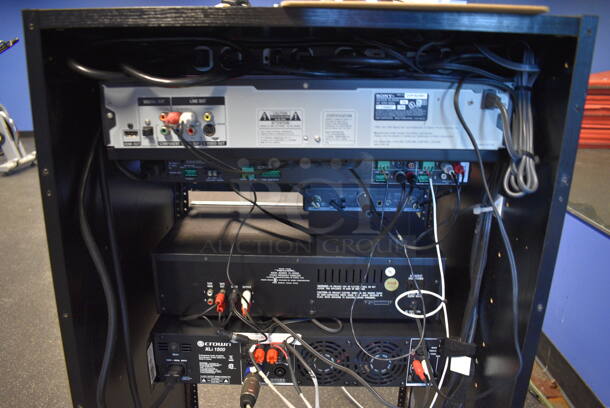 ALL ONE MONEY! Black Metal AV Cabinet w/ Middle Atlantic Amp, Sony DVD CD Changer, Crown 14M, Realistic Stereo Frequency Equalizer and Crown XLi 1500. BUYER MUST REMOVE. 20.5x18x36.5 - Image 7 of 7