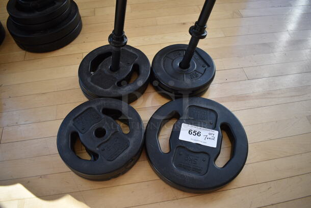 7 Various Les Mills Weight Plates w/ 2 Metal Body Bars; Six 5.5 Pounds and One 11 Pounds. 52" BUYER MUST REMOVE. (aerobic room) - Image 2 of 6