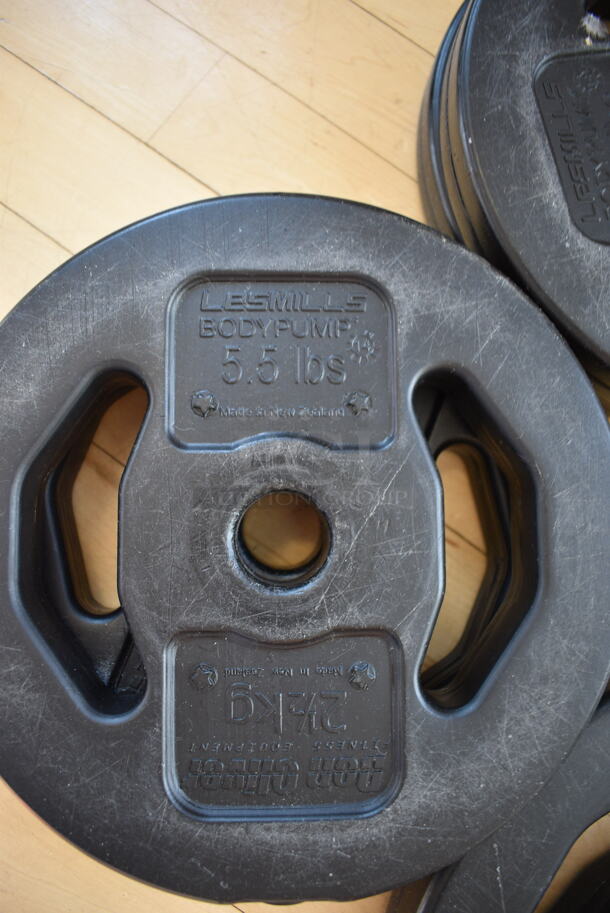 7 Various Les Mills Weight Plates w/ 2 Metal Body Bars; Six 5.5 Pounds and One 11 Pounds. 52" BUYER MUST REMOVE. (aerobic room) - Image 3 of 6