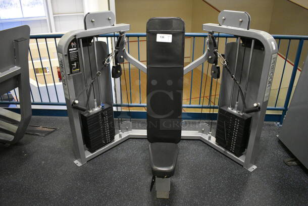 NICE! Precor Metal Commercial Floor Style Chest Press Machine. BUYER MUST REMOVE - Unit May Need Disassembly For Removal. 70x50x53. (upstairs) This Unit Will Be Moved Down To The First Floor Before Pick Up Day Begins!