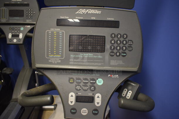 NICE! Life Fitness Metal Commercial Floor Style Seated Stationary Bicycle w/ Life Fitness Monitor. BUYER MUST REMOVE. 27x56x71. Tested and Does Not Power On. (spin cycle room closet) - Image 5 of 6