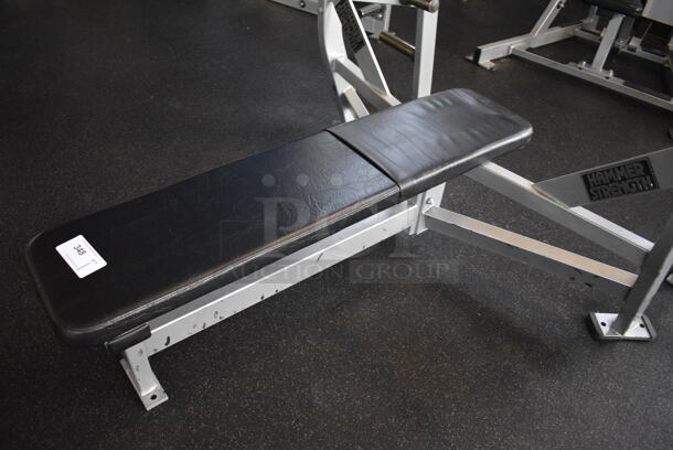 NICE! Hammer Strength Gray Metal Floor Style Flat Back Bench Press w/ Olympic Bar. BUYER MUST REMOVE - Unit May Need Disassembly For Removal. 67x63x51. (weight room) - Image 3 of 7