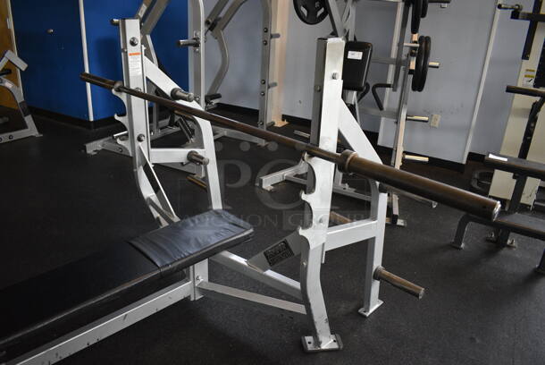 NICE! Hammer Strength Gray Metal Floor Style Flat Back Bench Press w/ Olympic Bar. BUYER MUST REMOVE - Unit May Need Disassembly For Removal. 67x63x51. (weight room) - Image 4 of 7